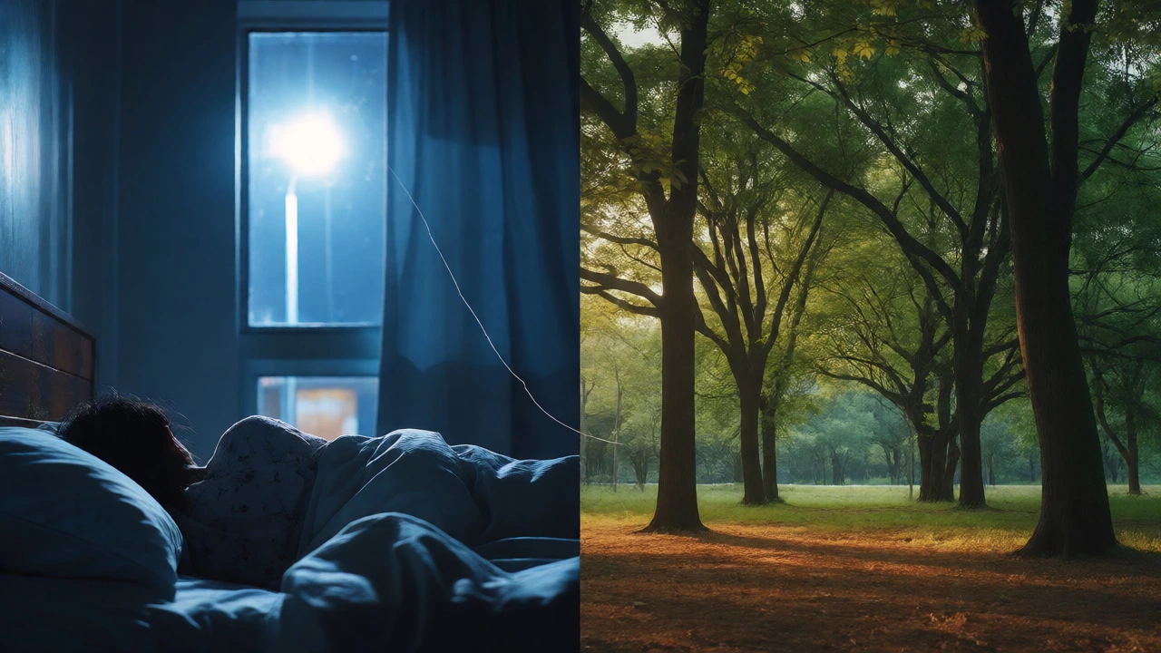 Split screen comparing a dark room with streetlight glare to a peaceful, sunlit green park.