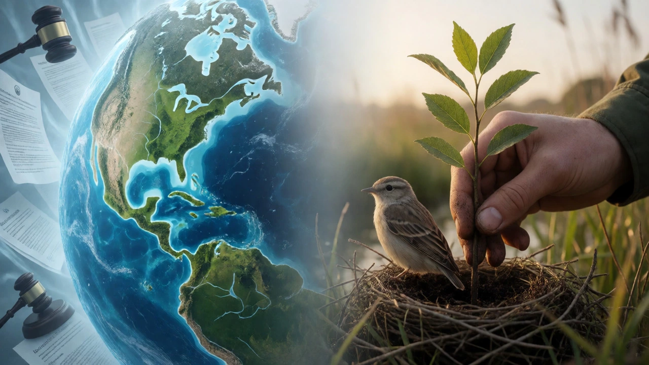 Split view comparing global policy advocacy with local habitat restoration