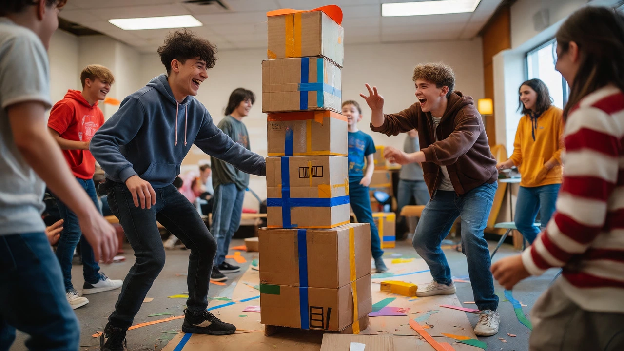 Students collaborating on a cardboard tower project