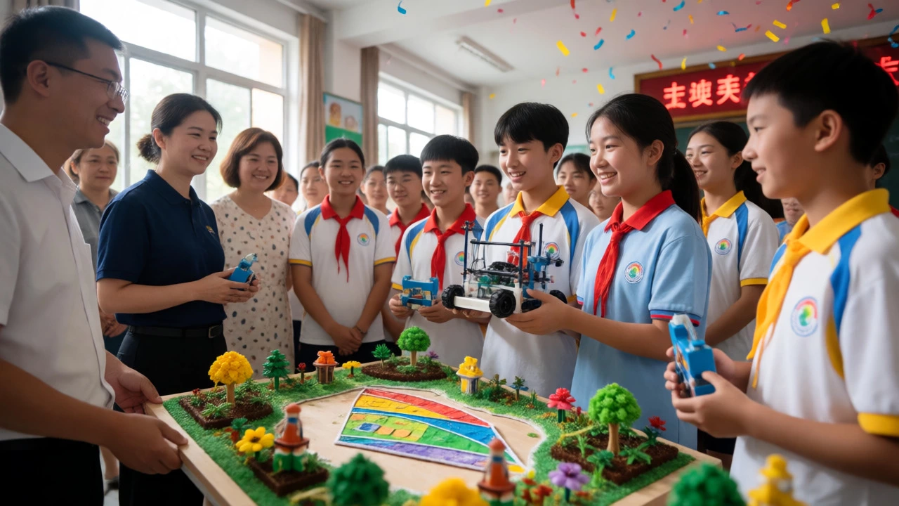 Students proudly showcasing their club projects to teachers and peers in a school hall.