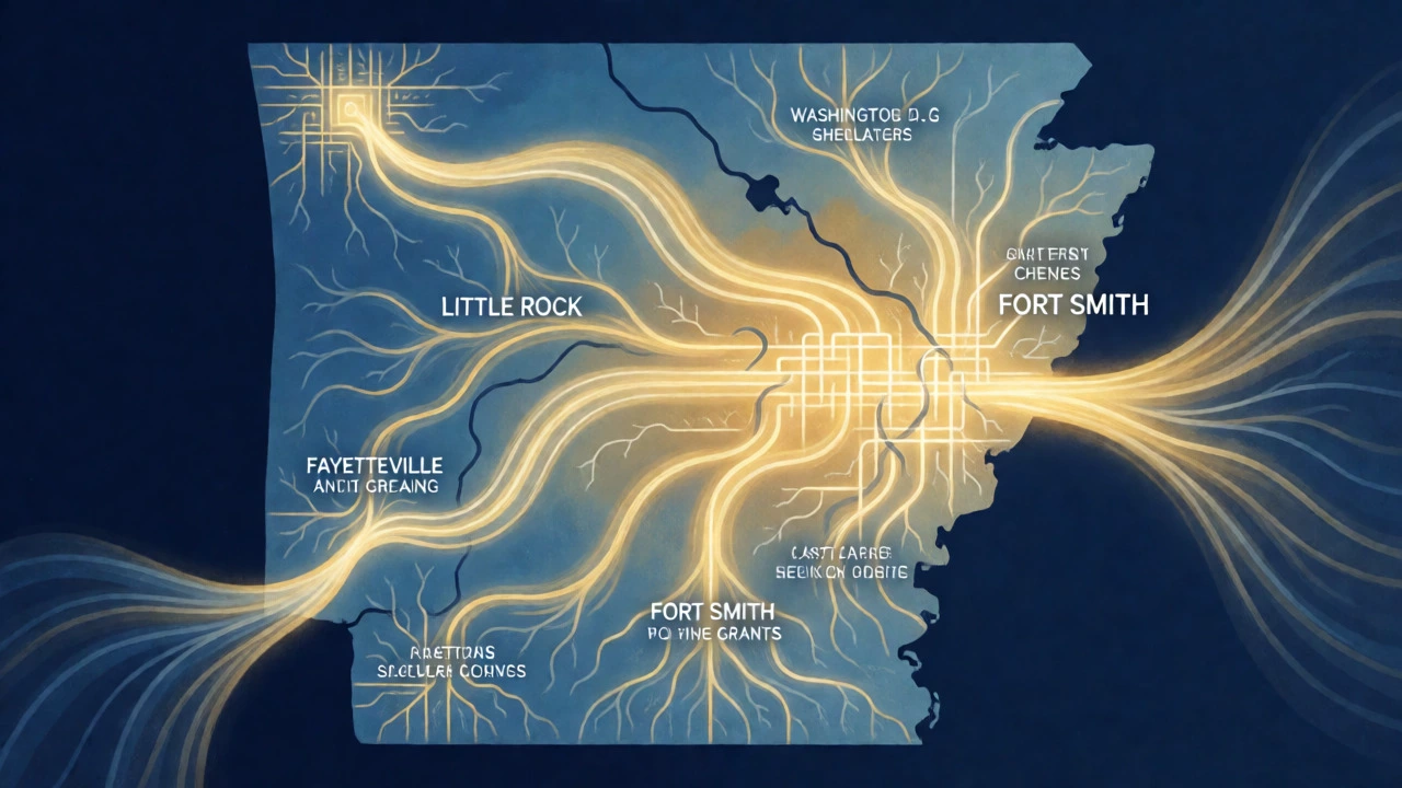 Stylized map of Arkansas showing golden light streams representing federal grant fund distribution.