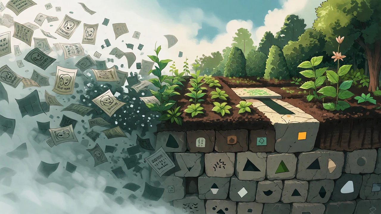 Symbolic garden growing from stable foundations versus fading emotional appeals.