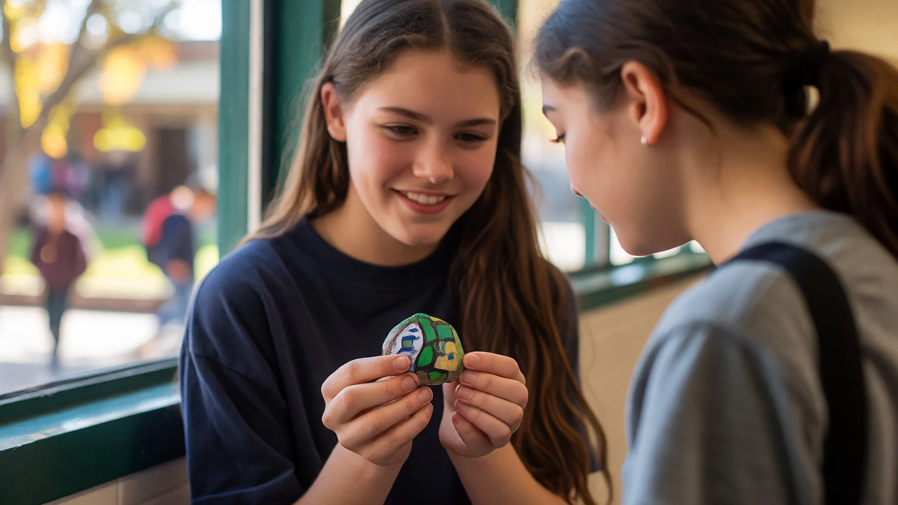 Teenager proudly showing a handmade craft to a peer