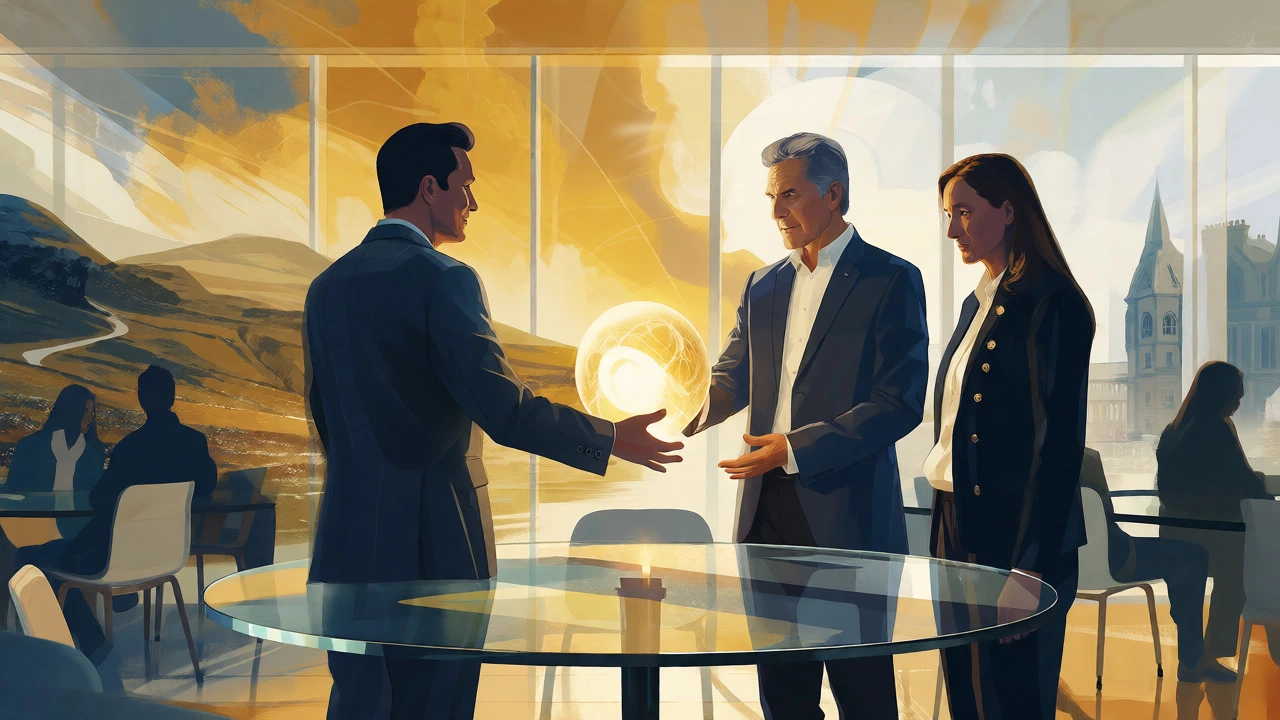 Three people exchanging a glowing orb representing asset transfer