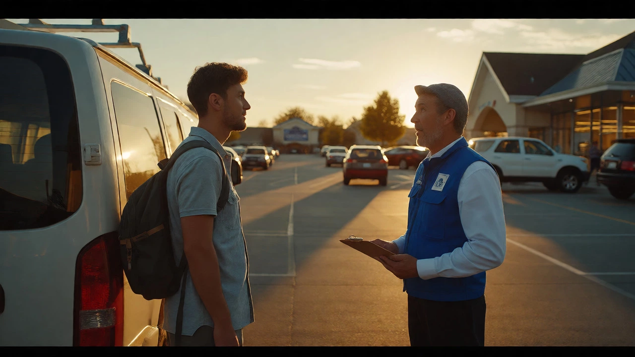 Traveler talking with a store manager in a parking lot during golden hour, discussing overnight permission.