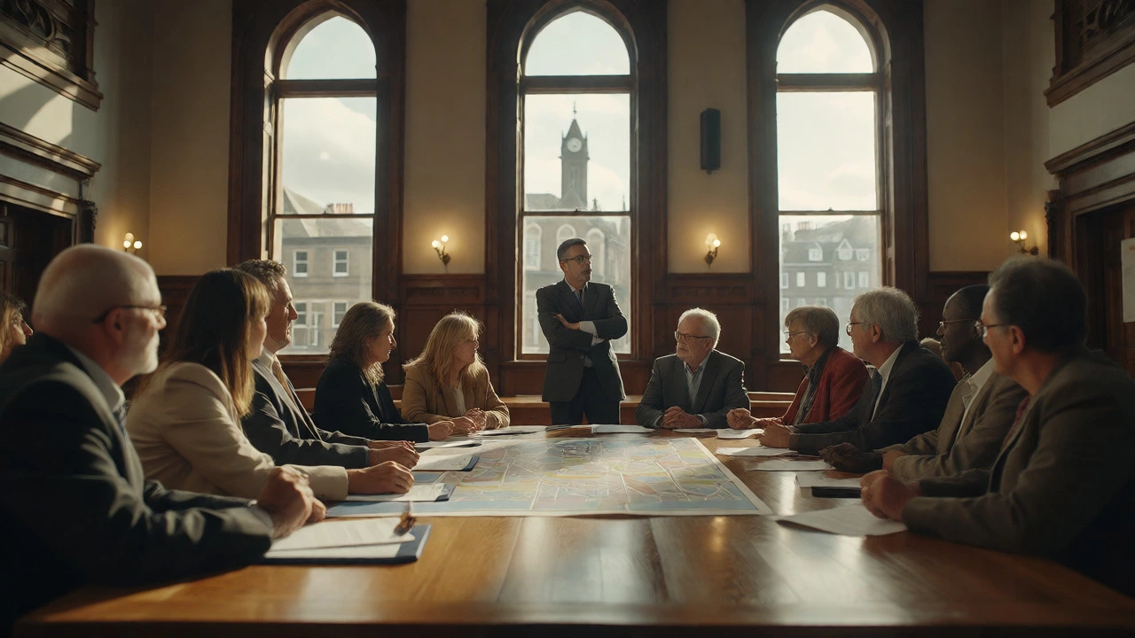 Trustees discussing strategy around a table in a sunlit community hall.