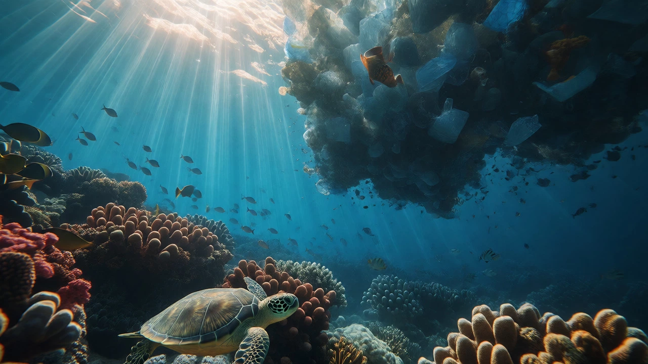 Vibrant coral reef threatened by an approaching cloud of plastic pollution underwater.