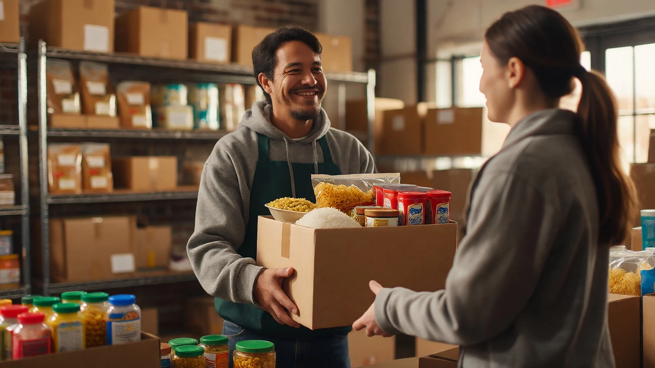 Volunteer handing a food parcel to a recipient inside a food bank