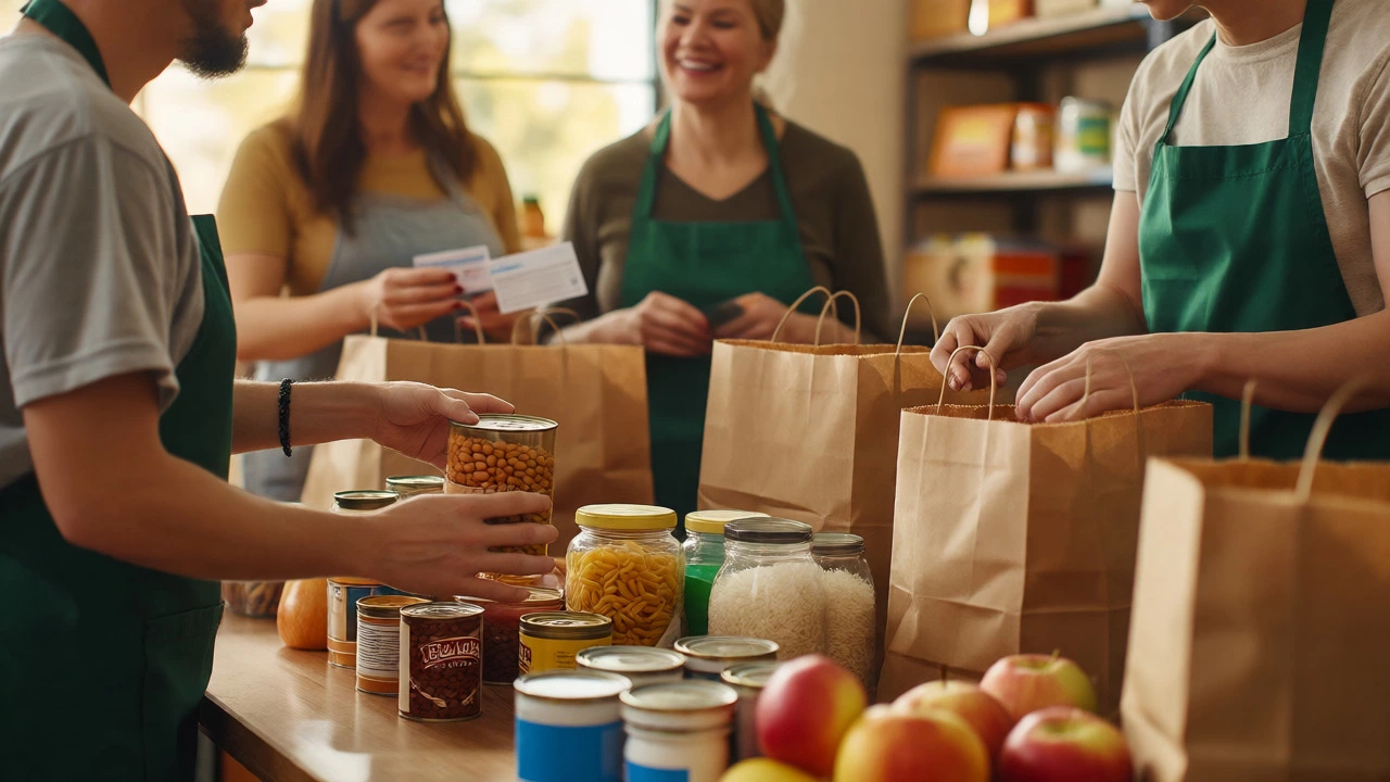 Volunteers packing tinned food and fresh produce into emergency parcels.