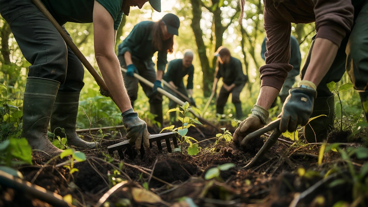 Volunteers planting trees in a wetland conservation area