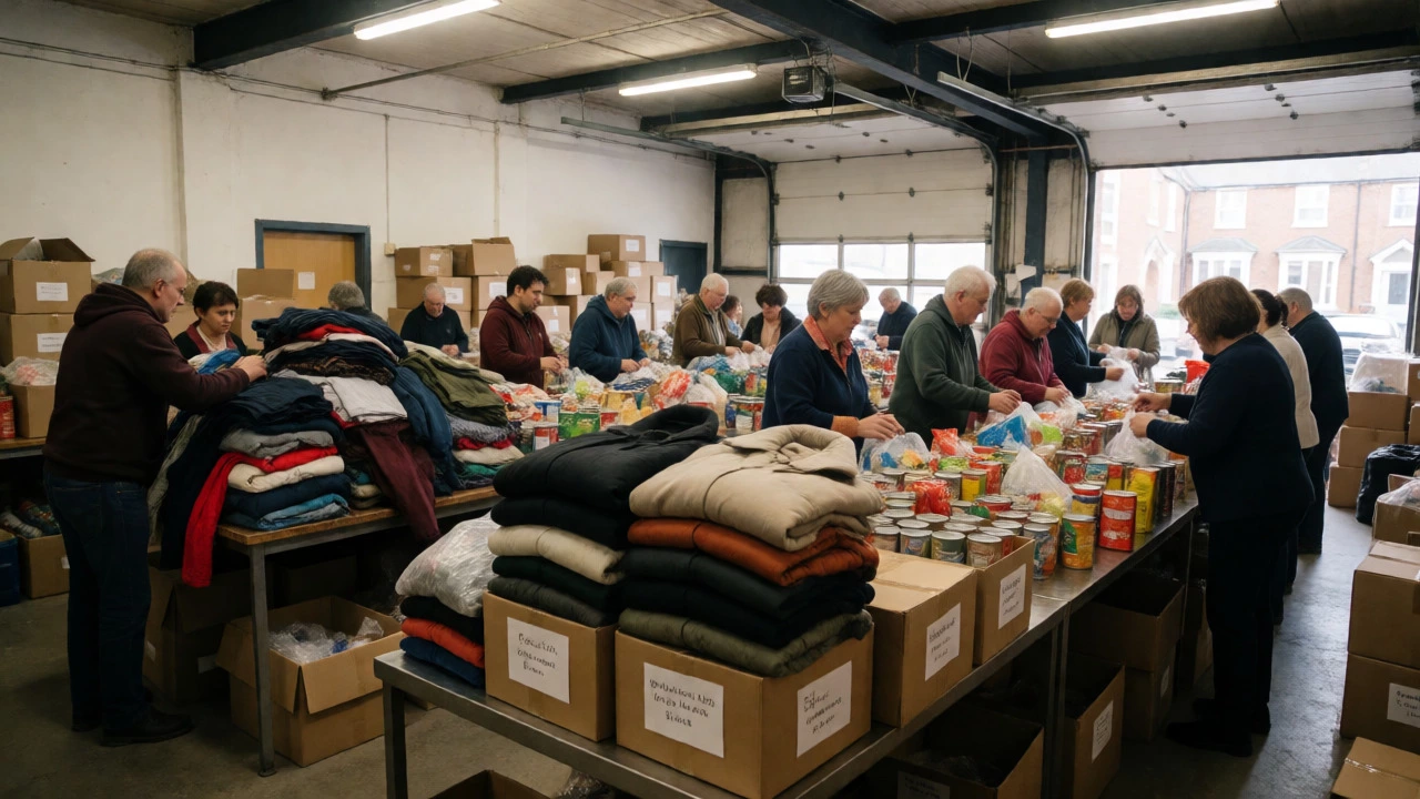 Volunteers sorting donated clothes and food at a busy community charity warehouse