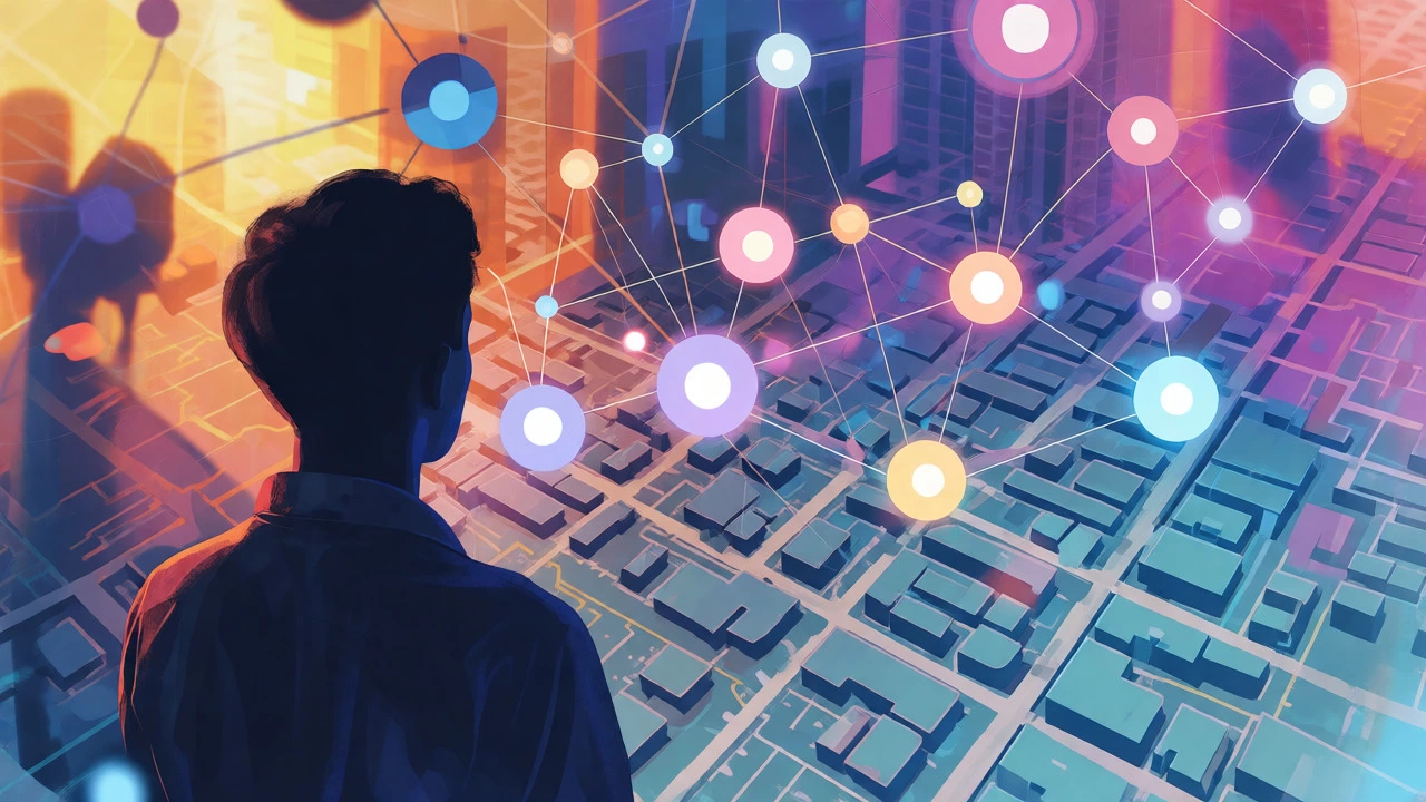 Abstract visualization of connected community networks and digital outreach.