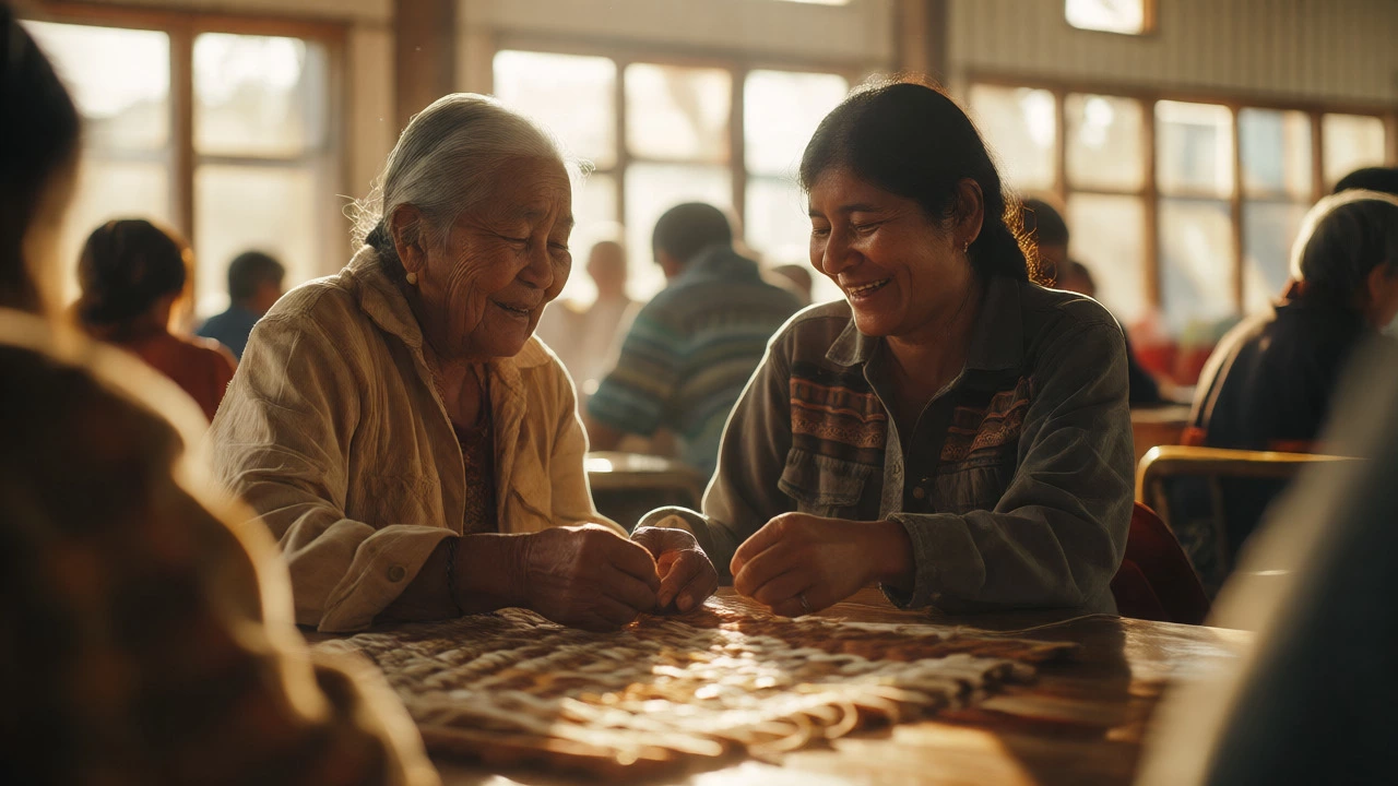 An Indigenous elder teaches a youth crafting in a sunlit room, highlighting community care and non-monetary rewards.