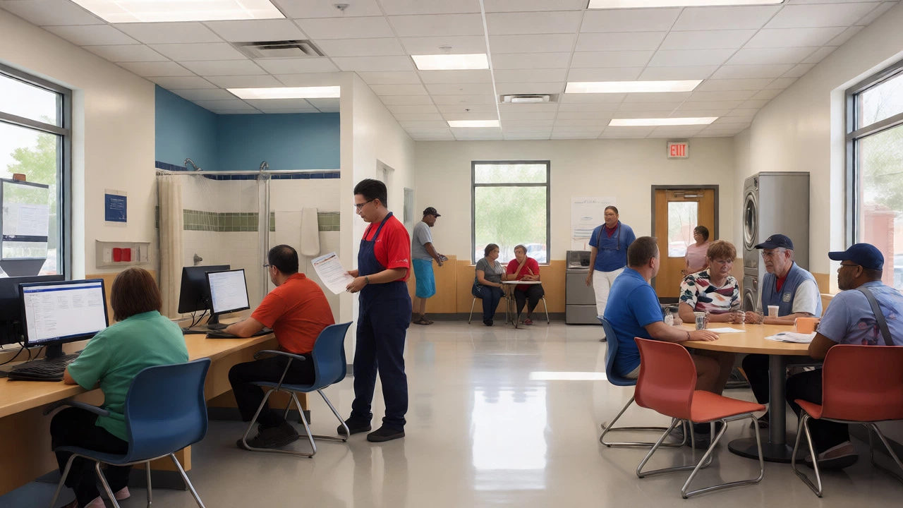 Busy day center with people using computers and receiving staff assistance