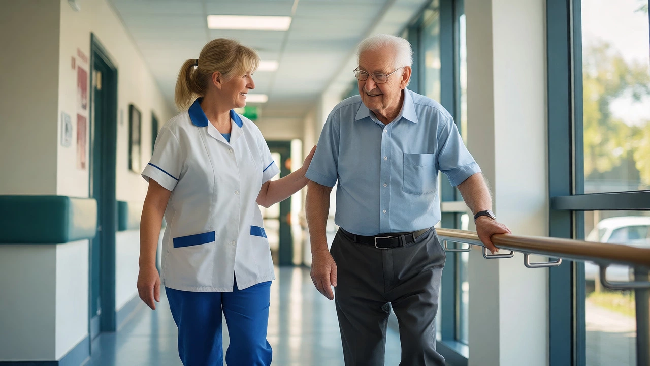 Caregiver assisting an elderly man in an assisted living facility hallway