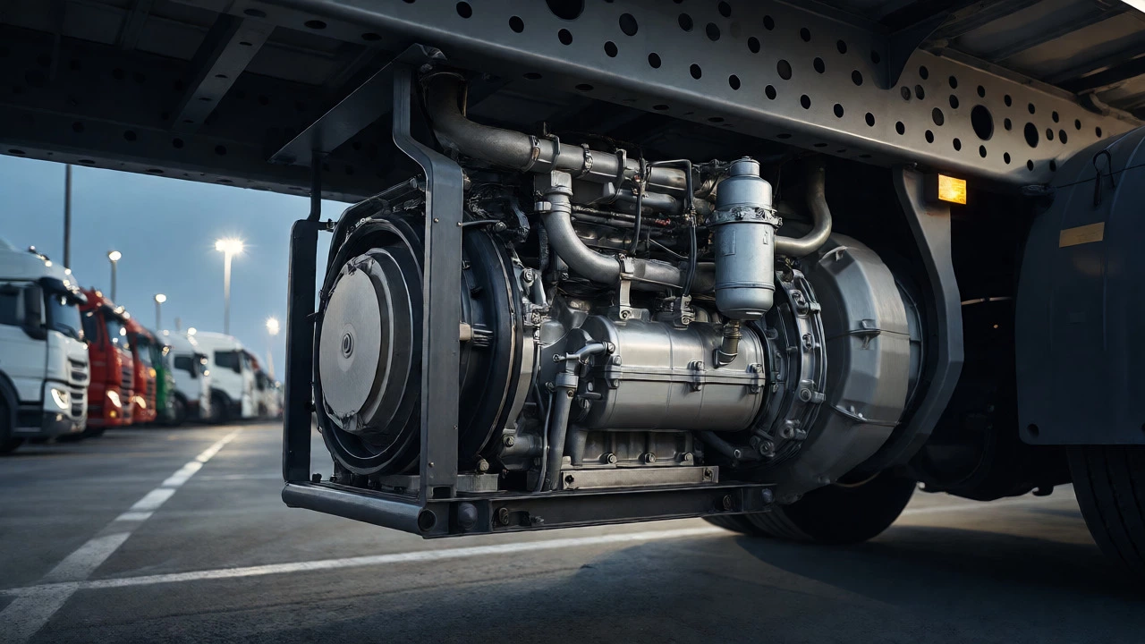 Close-up of an auxiliary power unit mounted under a truck chassis at a rest stop.