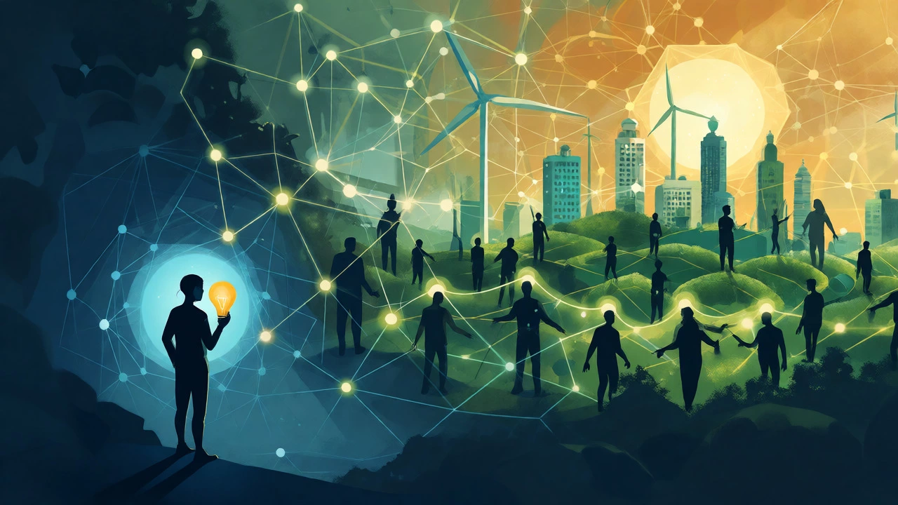 Conceptual art showing a lone figure versus a glowing network of people powering a green city.