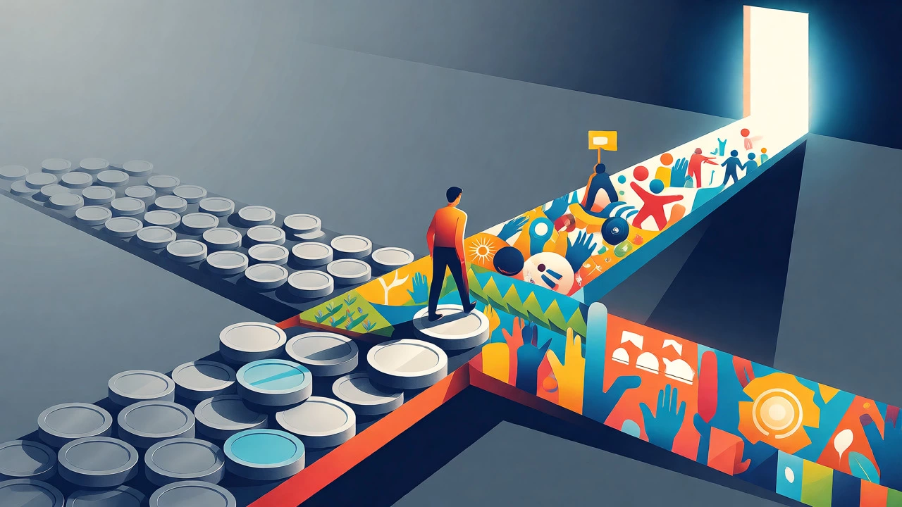 Conceptual illustration of a career path bridged by colorful volunteer experiences.