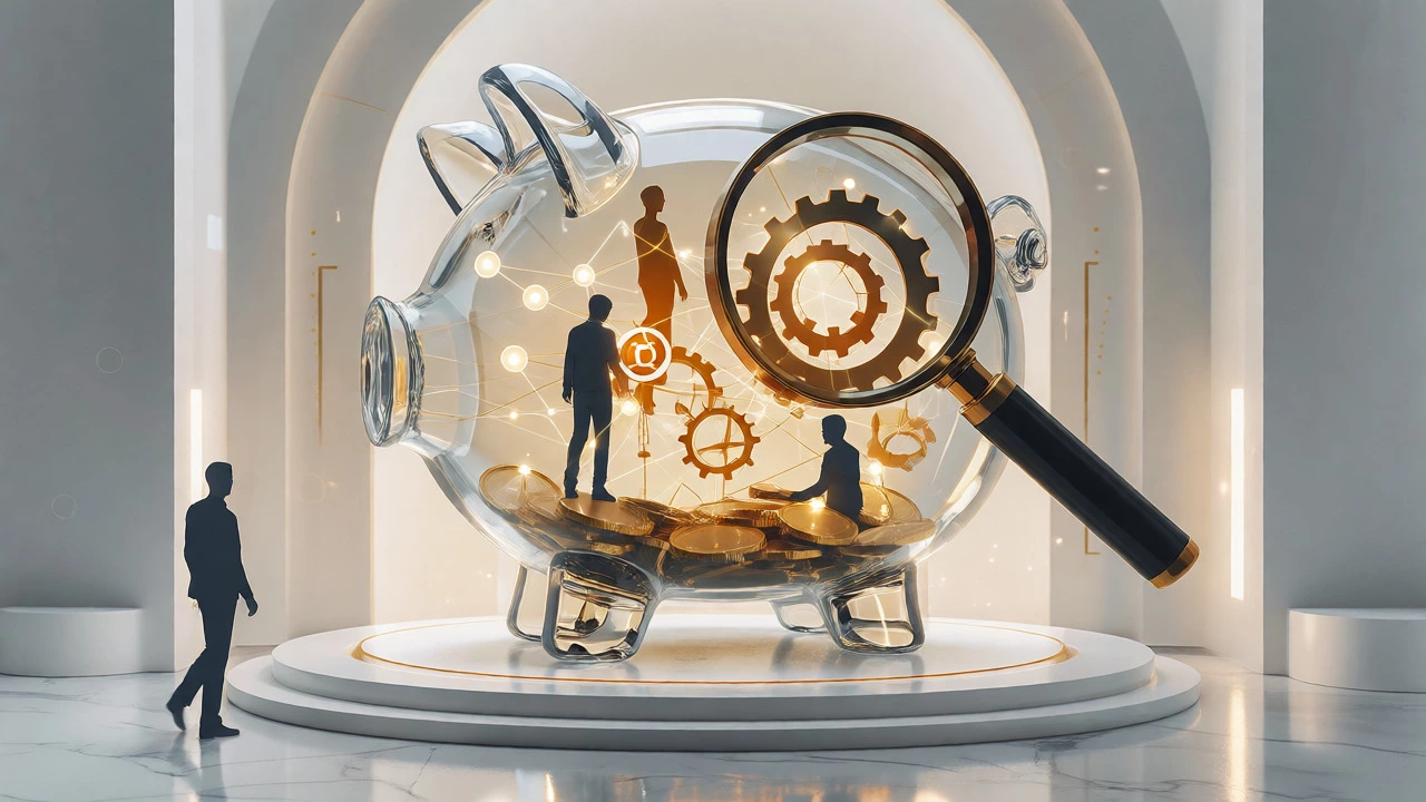 Conceptual image of a glass piggy bank containing connected human figures