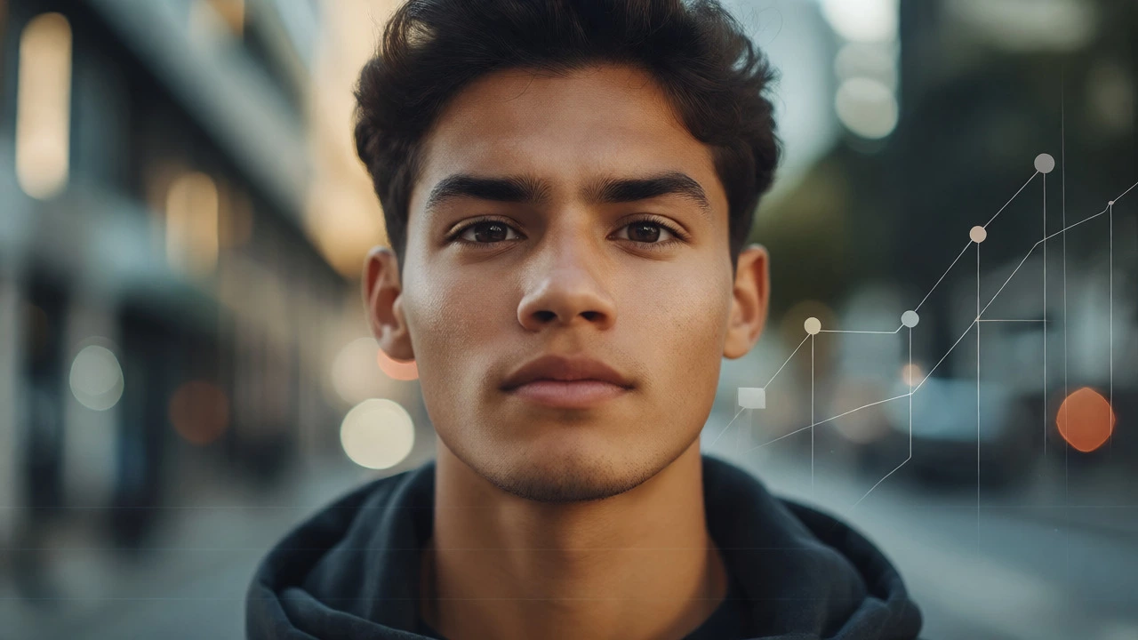 Confident young adult portrait with subtle abstract background suggesting future success.