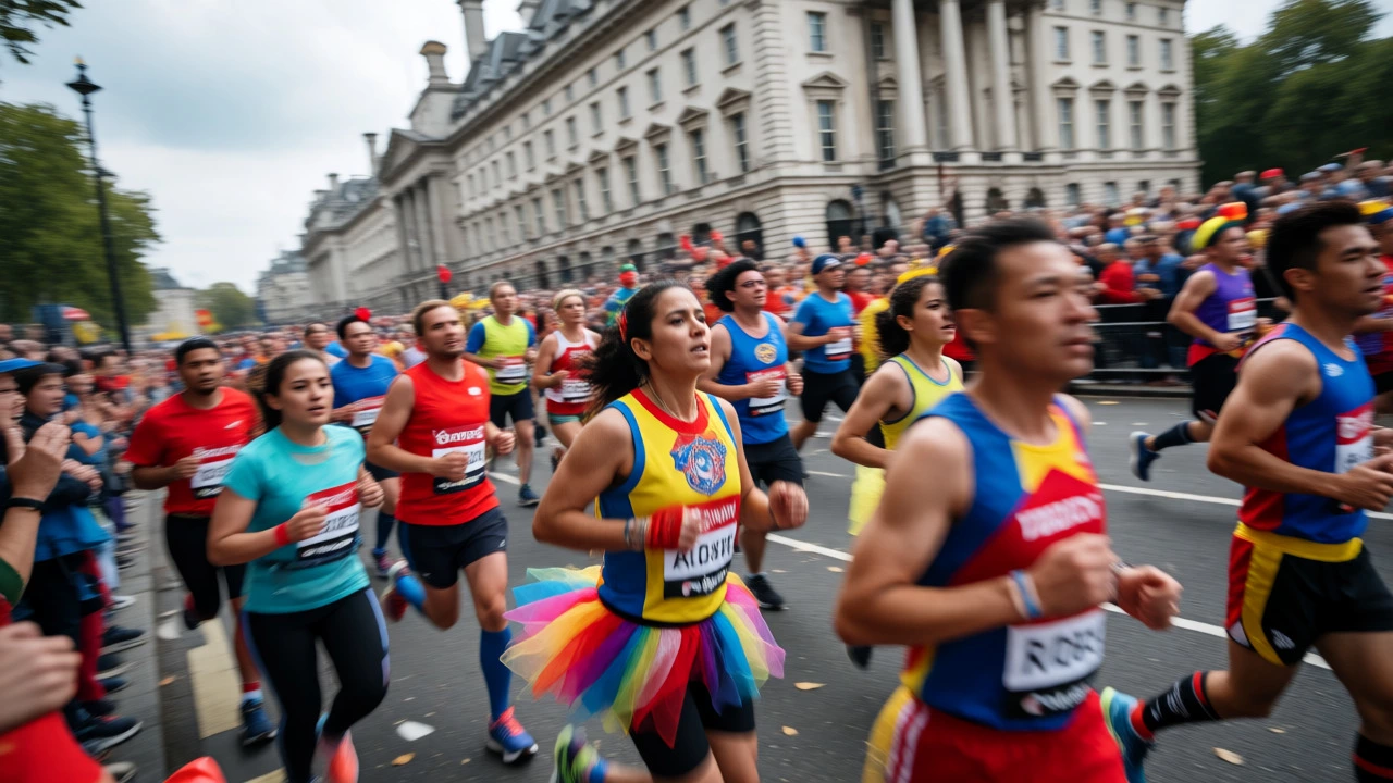 Costumed runners participating in the London Marathon charity race