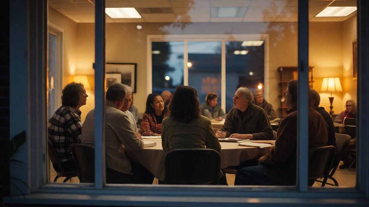 Diverse group collaborating in a warm community meeting