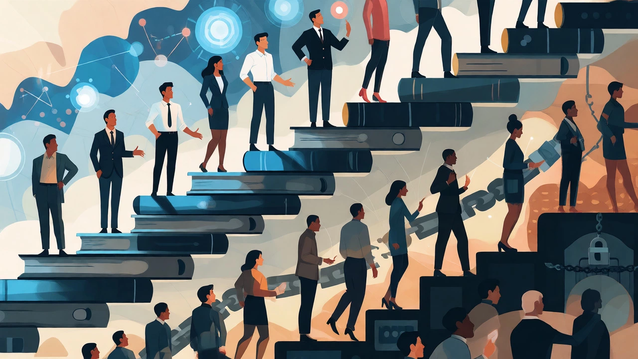 Diverse professionals on abstract staircases show structural inequalities in career access based on race and education.