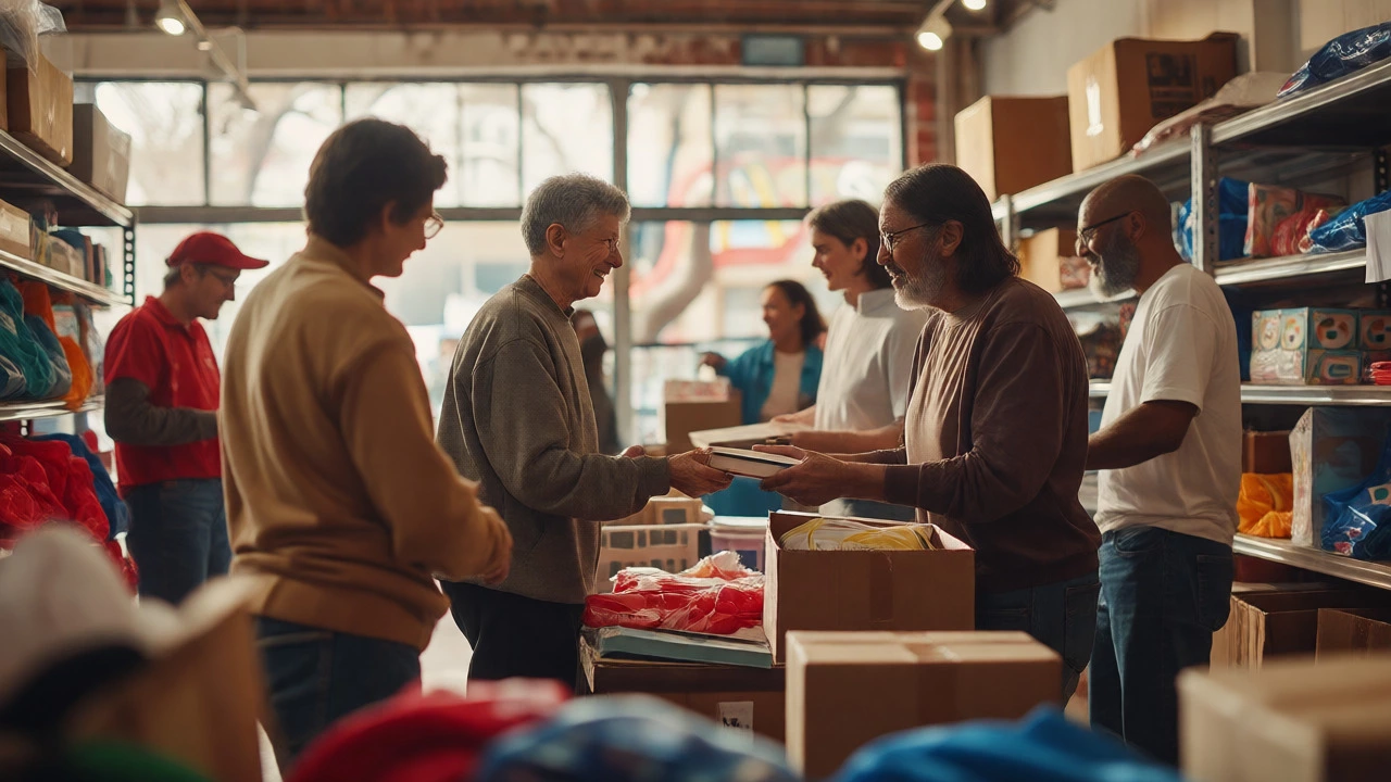 Diverse volunteers smiling and sorting items in a bright charity shop