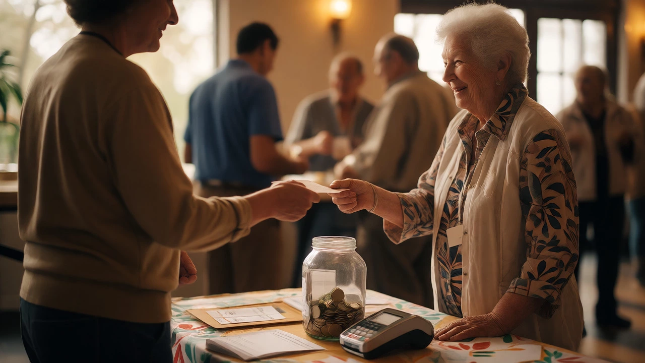 Donor handing cash to a volunteer at a charity donation station.