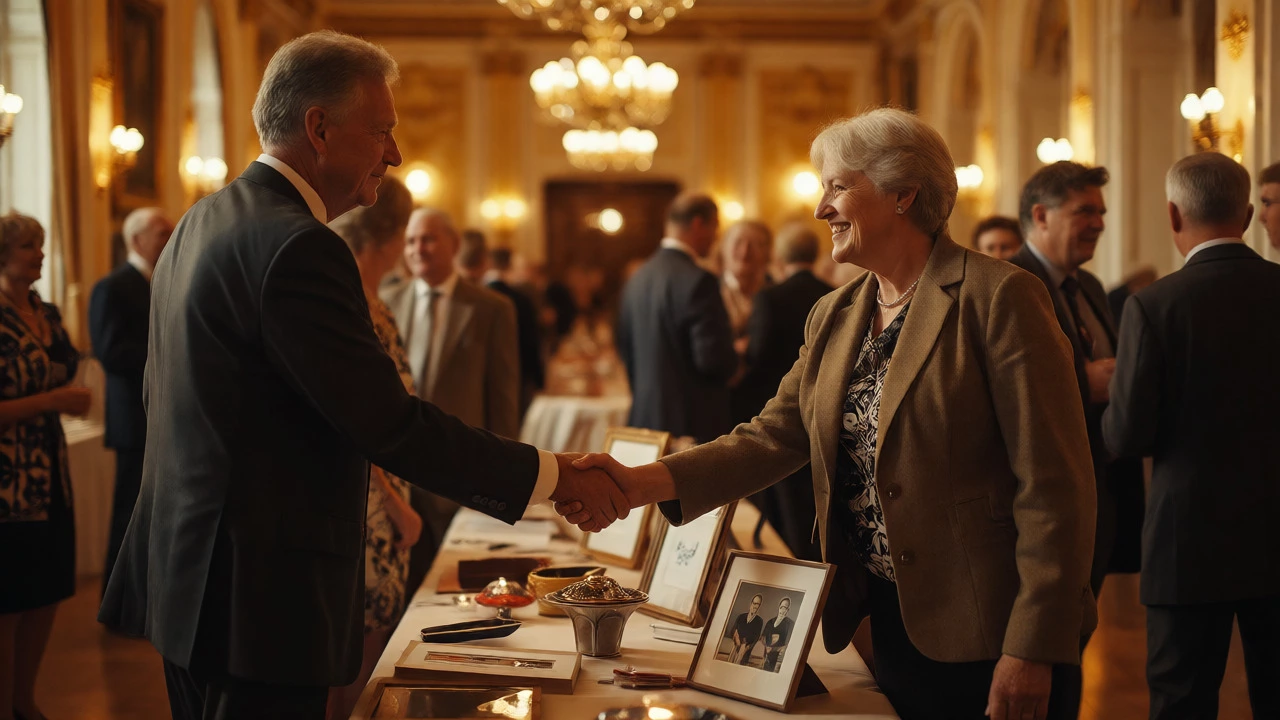 Donors networking and shaking hands at a warm, elegant charity gala dinner