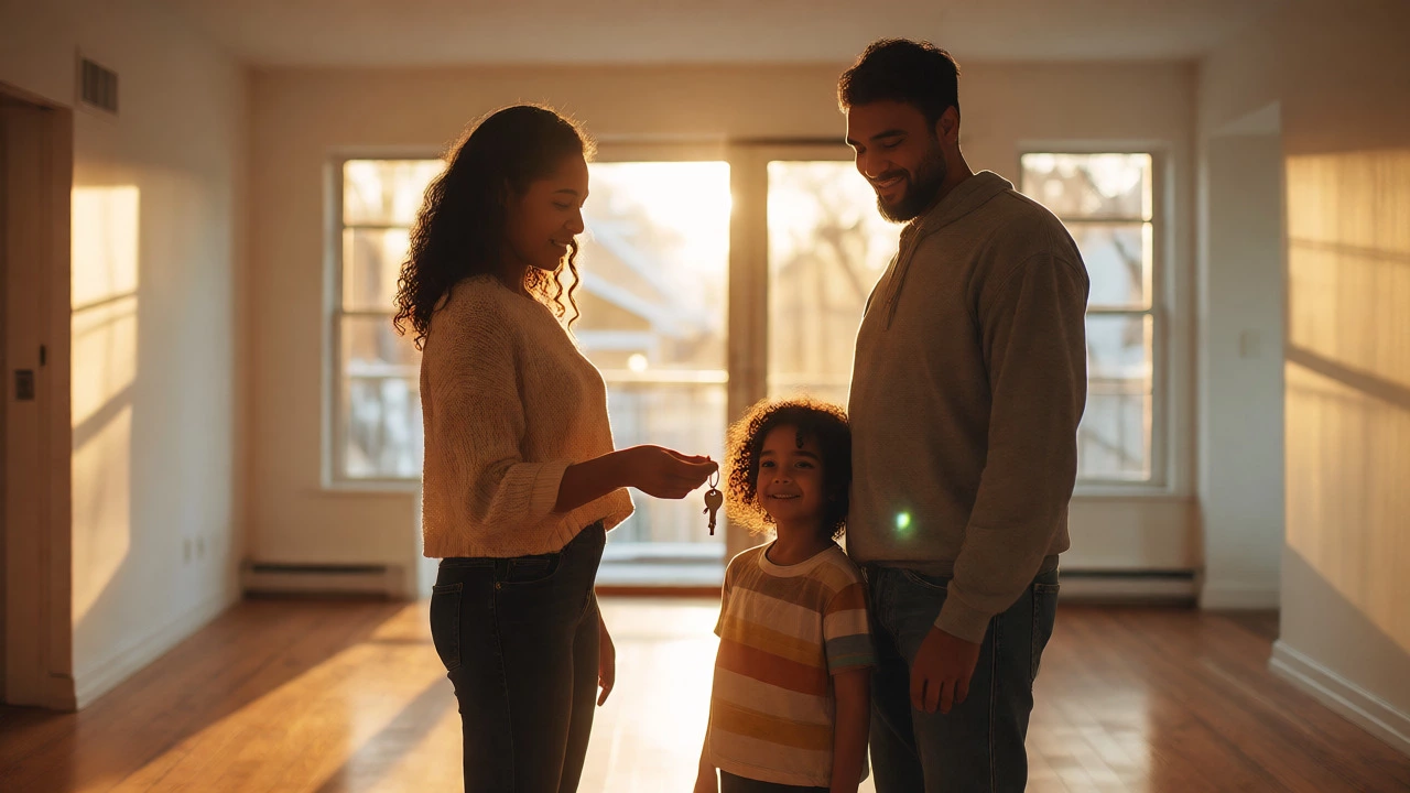 Family holding keys in a sunlit empty apartment