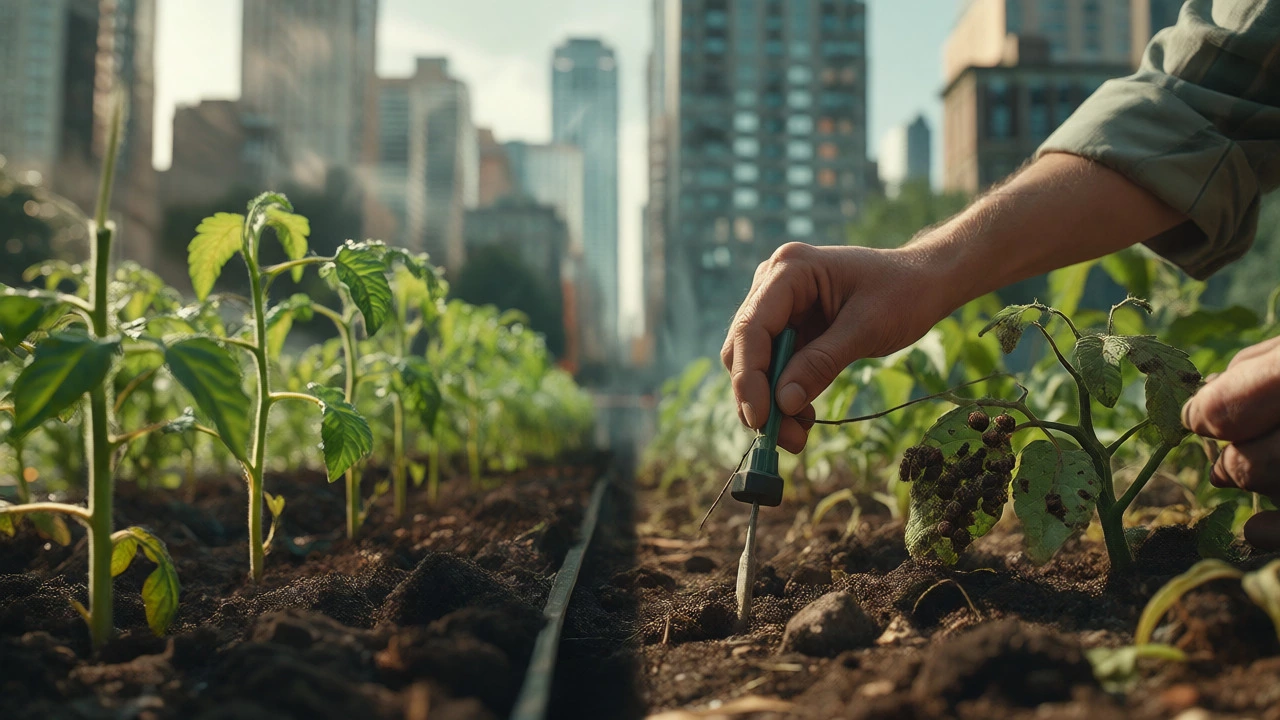 Gardener inspecting tomato plants and soil in an urban setting with city backdrop.