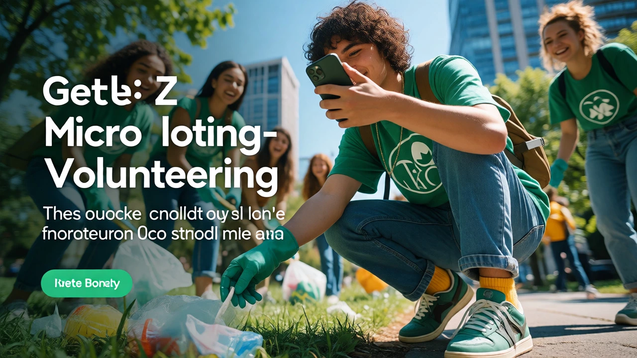 Gen Z volunteer uses phone to document park cleanup efforts in the city.