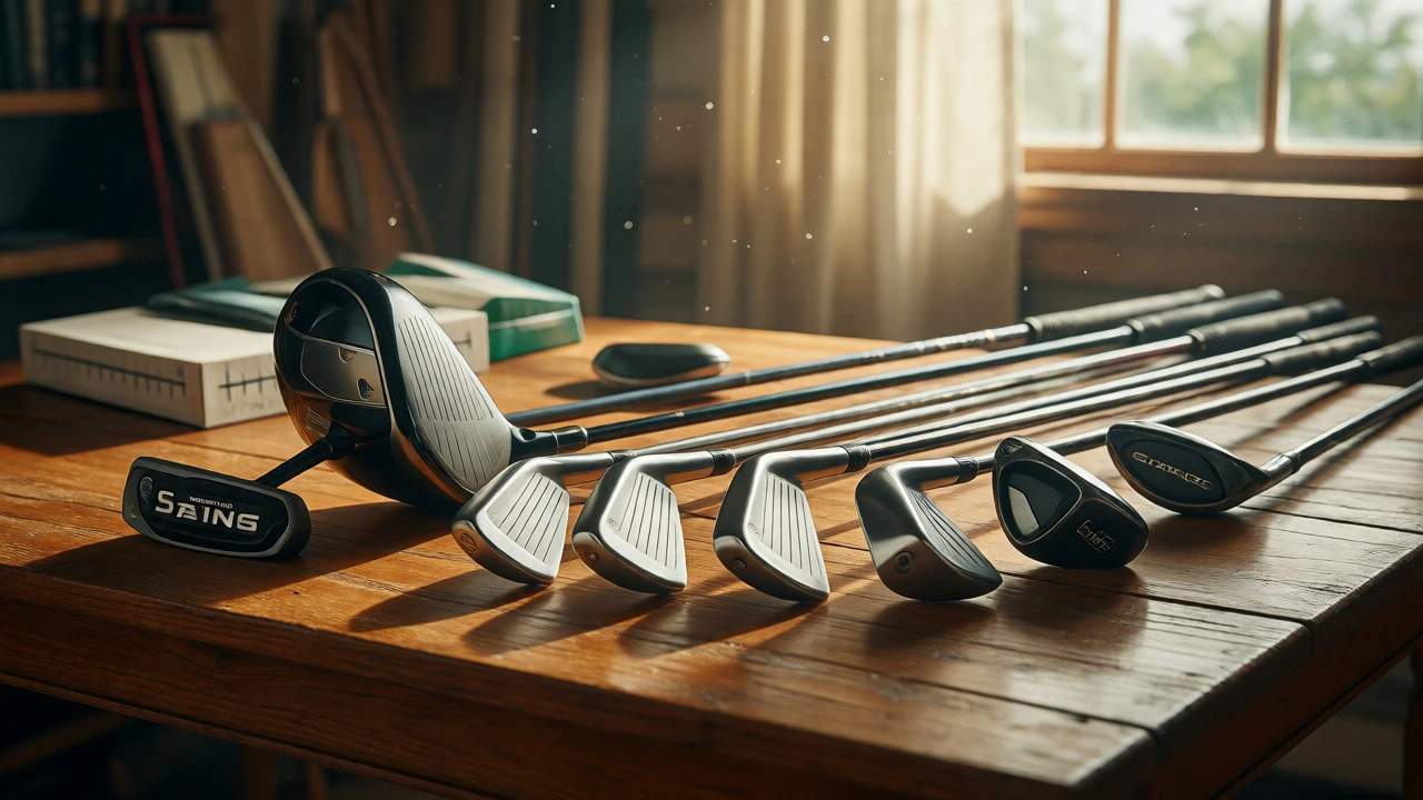 Golf clubs arranged on a table with natural window light