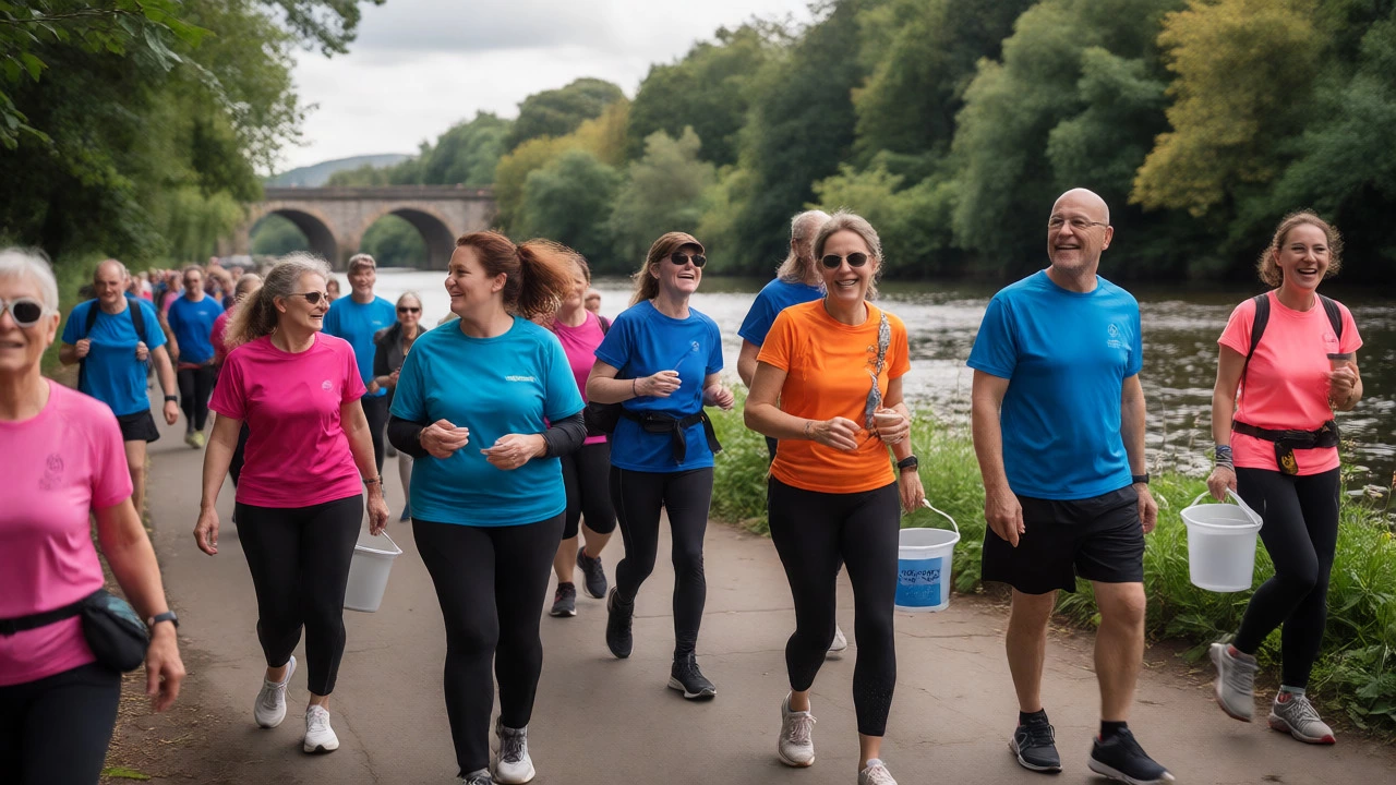 Group participating in a sponsored charity walk along a scenic river path.