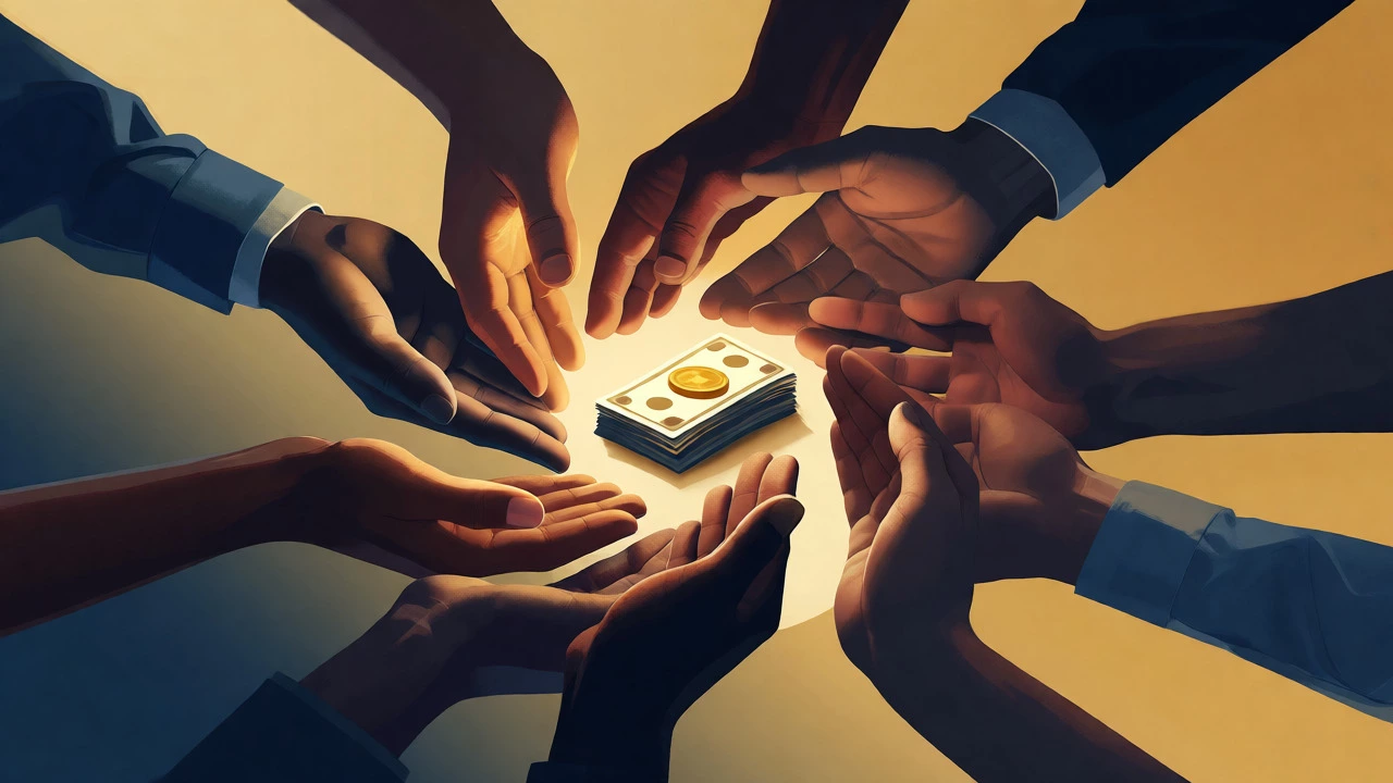 Hands gathering around a coin symbolizing collective micro-donations