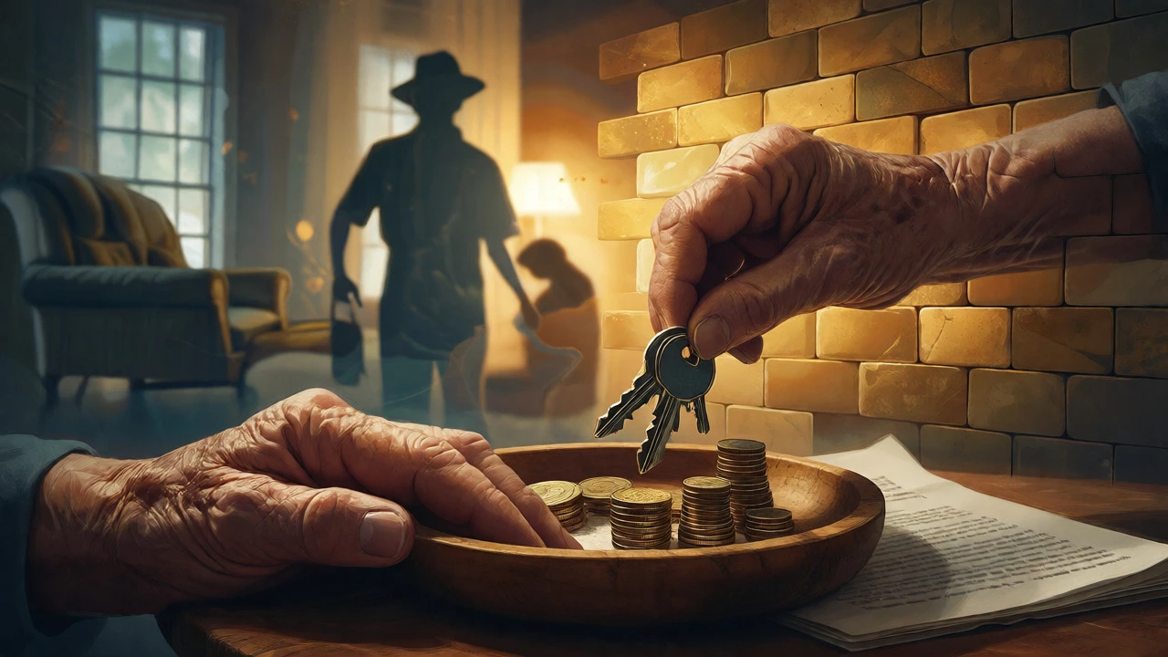 Hands placing keys and coins in a bowl with a symbolic home background