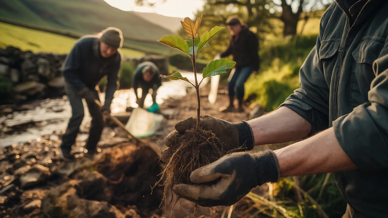Hands planting a sapling during a local river cleanup volunteer event in Scotland.