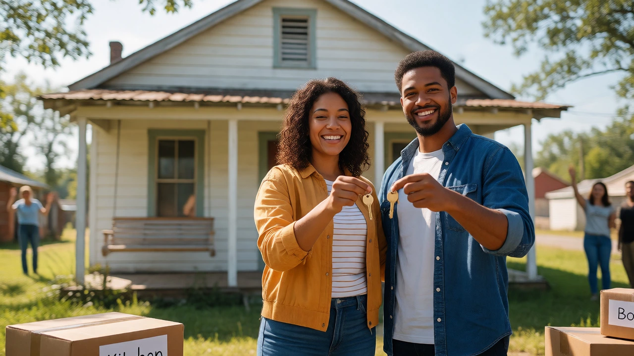 Happy couple holding keys outside their new rural Arkansas home