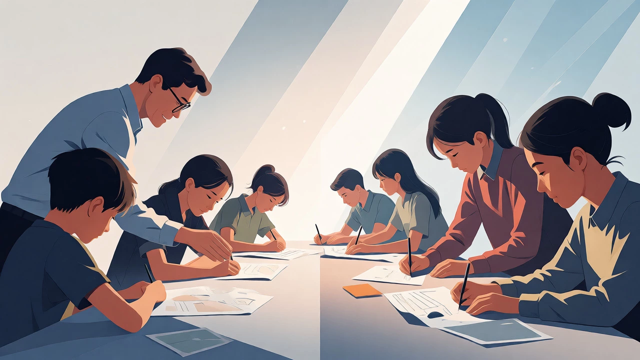 Illustration showing students taking ownership of tasks with gentle teacher guidance.