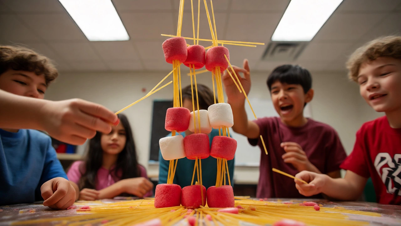 Kids laughing during a messy spaghetti tower building challenge