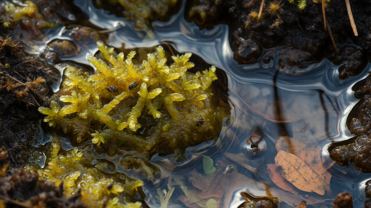 Macro shot of sphagnum moss and water in a peat bog showing ecological interactions.