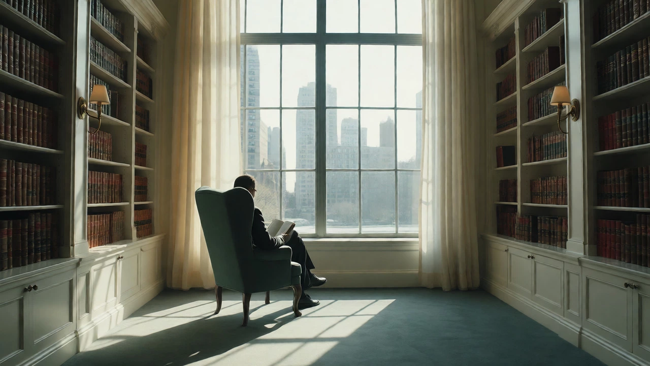 Member reading peacefully in a quiet, sunlit library within a private social club.