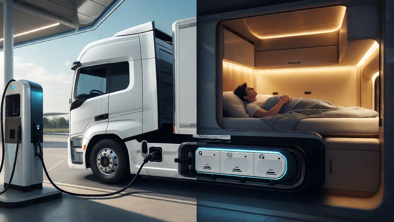 Modern truck connected to shore power with a cozy, lit interior visible inside.