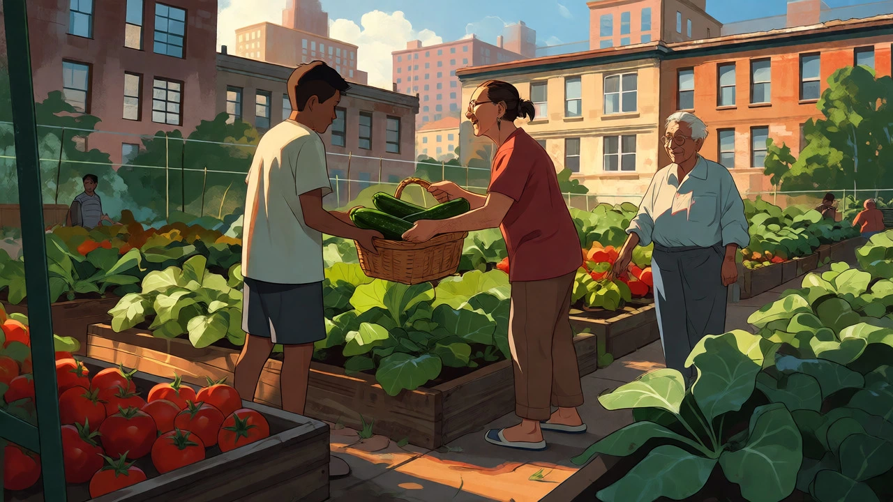 Multi-generational group sharing produce in an urban garden.