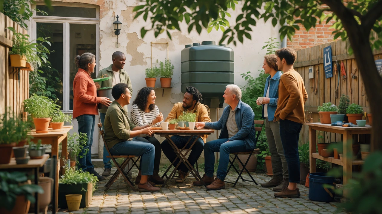 Neighbors discussing sustainability projects in a shared courtyard