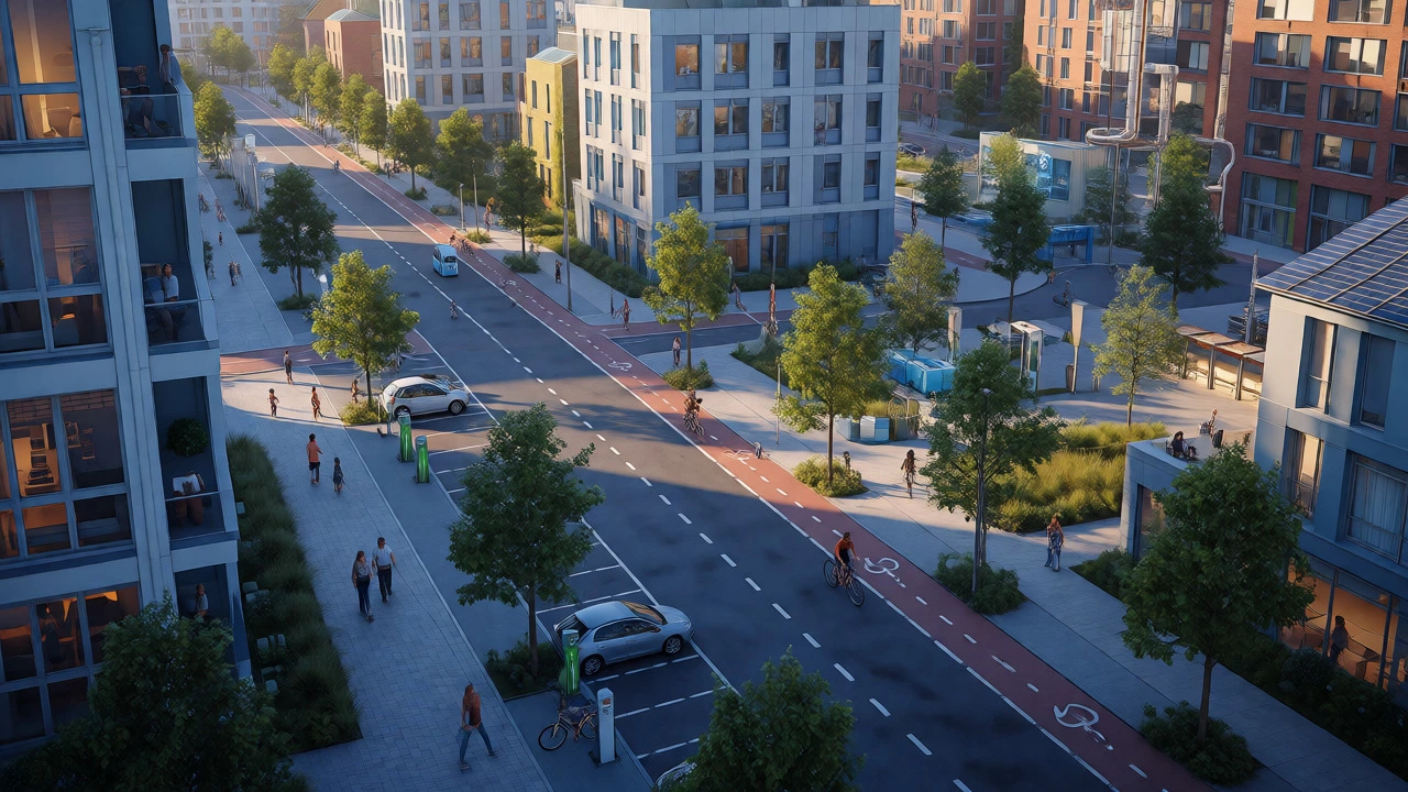 Pedestrian street with bike lanes and EV chargers in eco-district