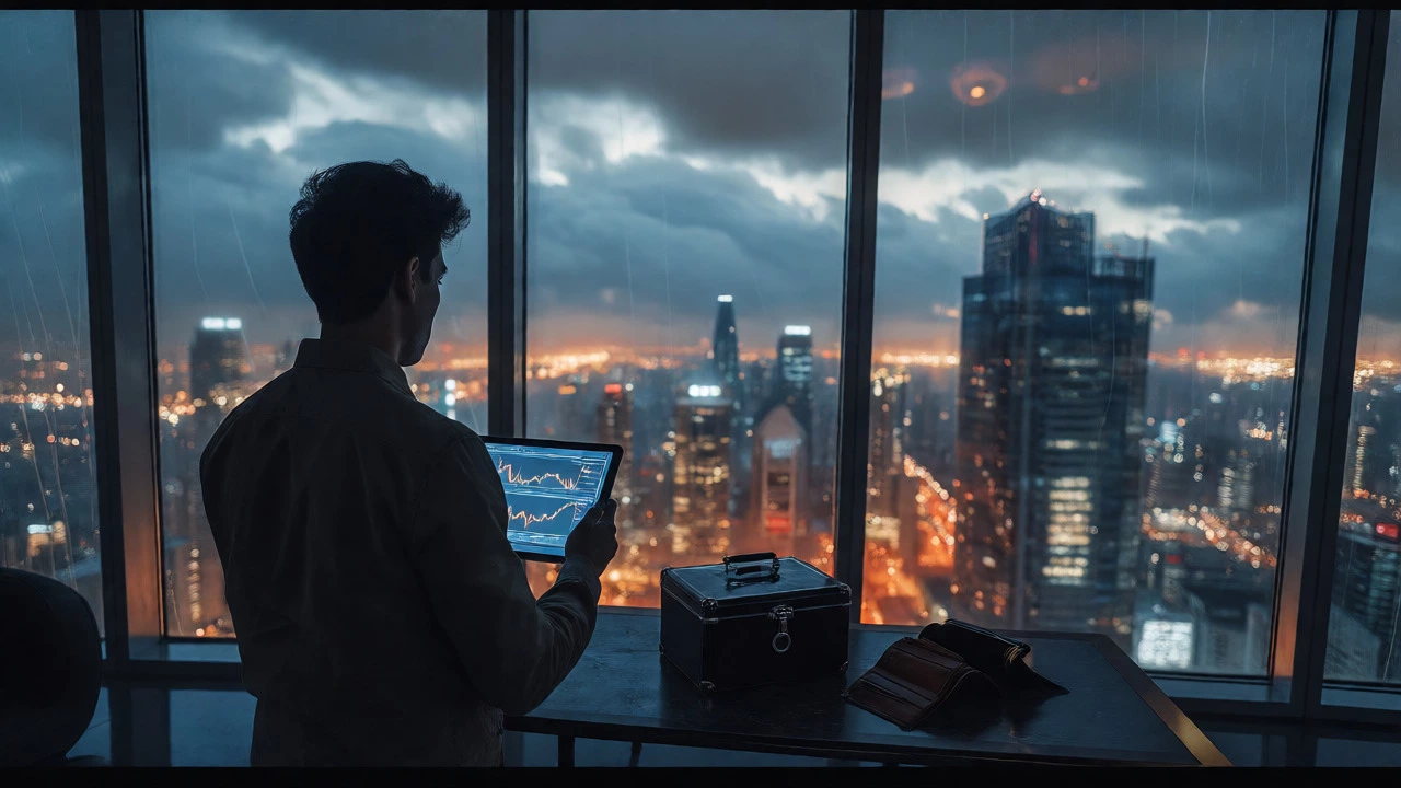 Person looking out a window holding a tablet near a locked box