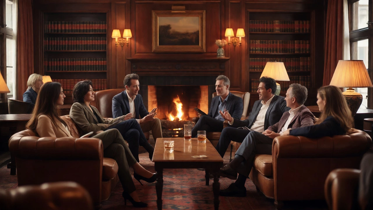 Professionals engaging in relaxed conversation in a warm, firelit private club lounge.