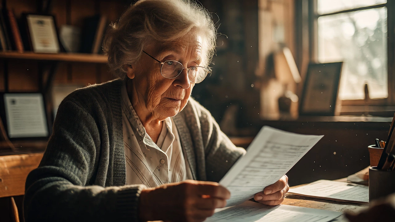 Retired woman reviews documents at a community center, showcasing expertise.
